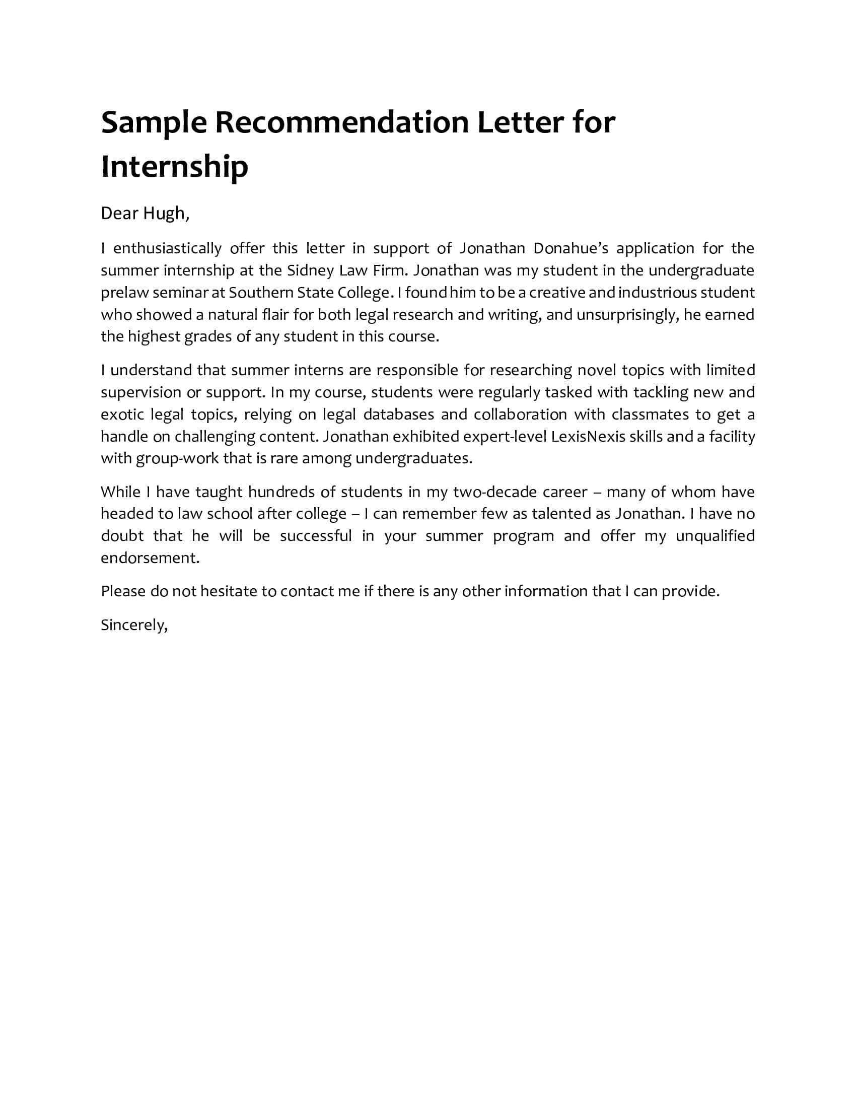 Sample Recommendation Letters For Internship Sample Recommendation Letters For Internship