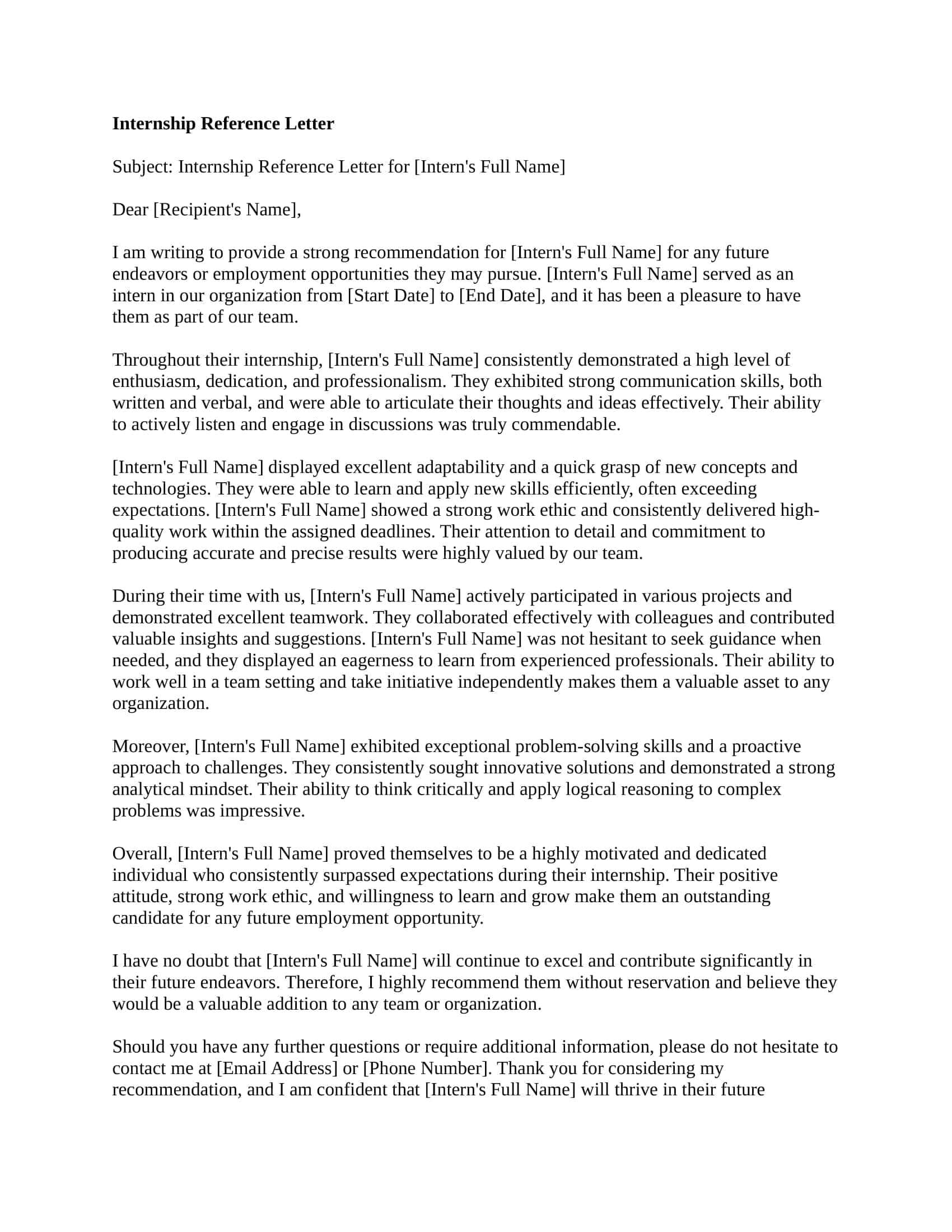 Template Fillable Recommendation Letters For Internship Template Fillable Recommendation Letters For Internship