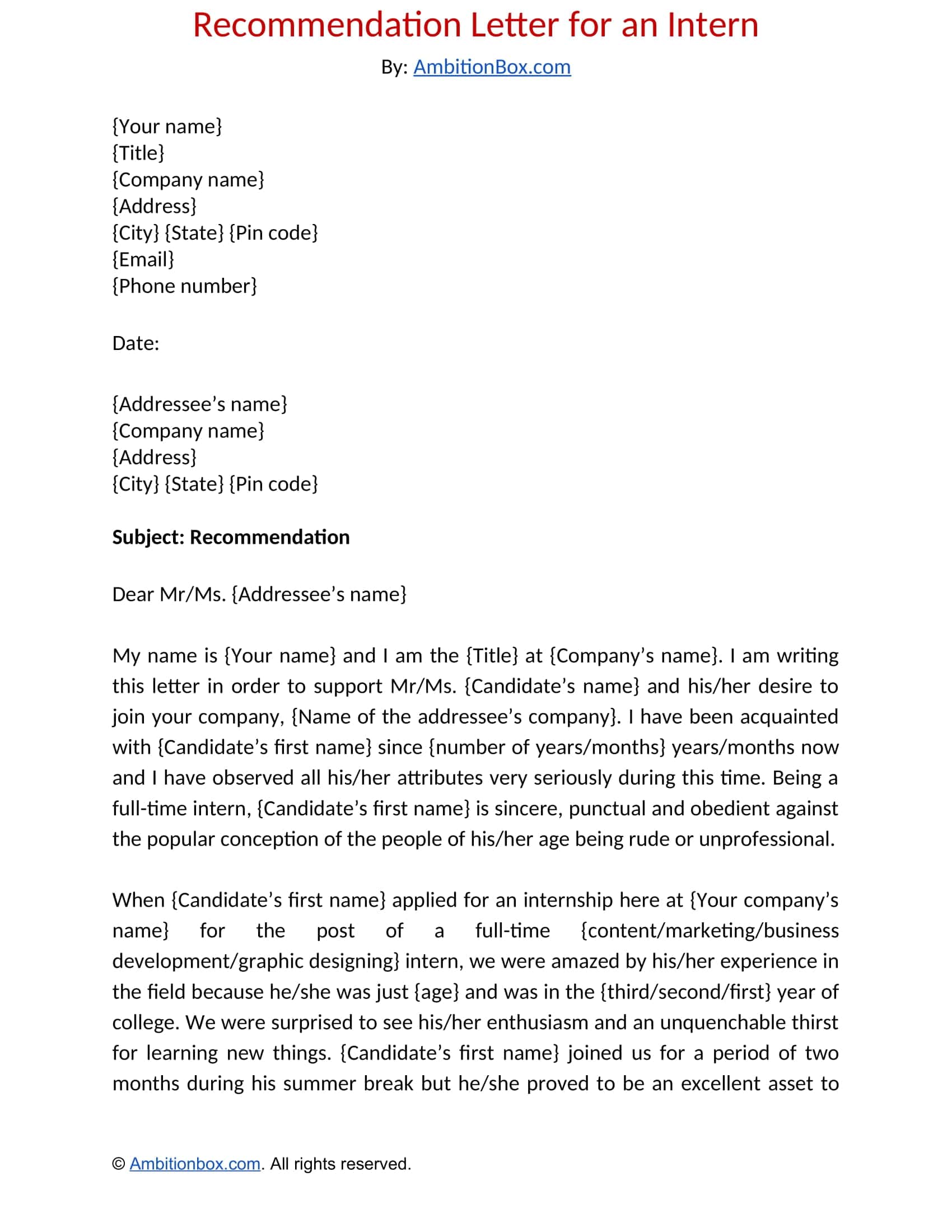 Template Free Recommendation Letters For Internship Template Free Recommendation Letters For Internship