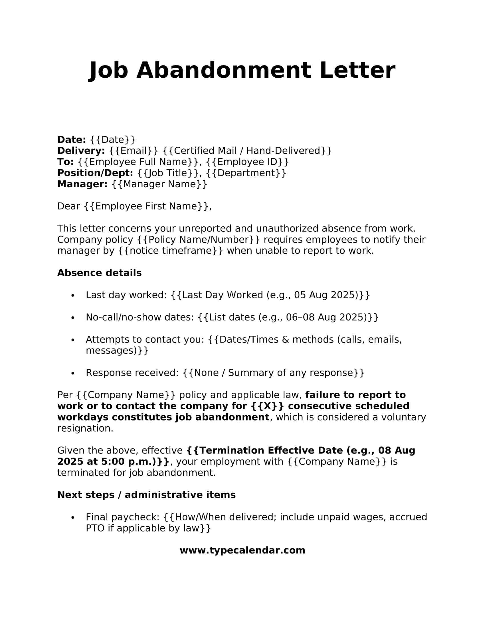 Word Job Abandonment Letter Word Job Abandonment Letter