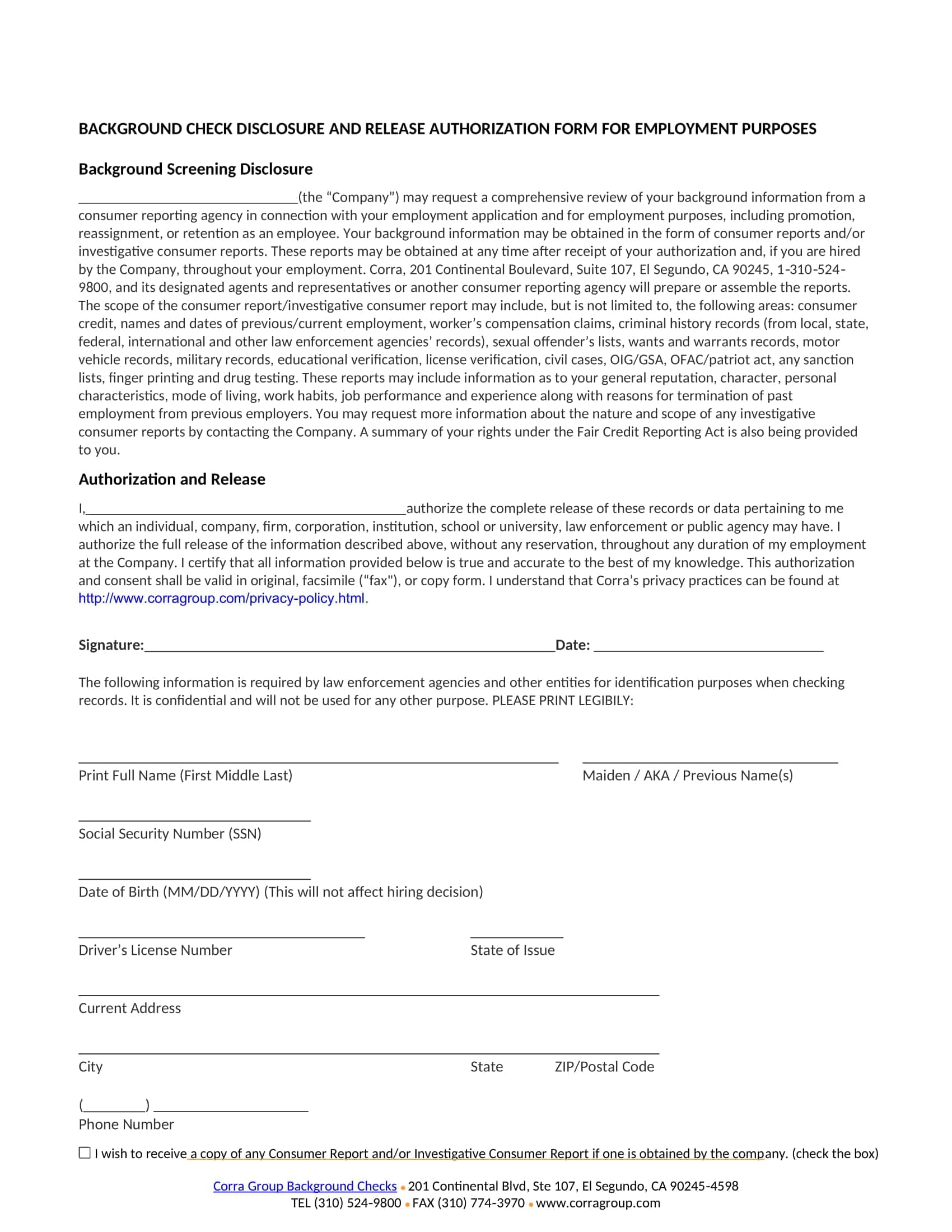 Background Check Authorization Form Fillable Doc Background Check Authorization Form Fillable Doc