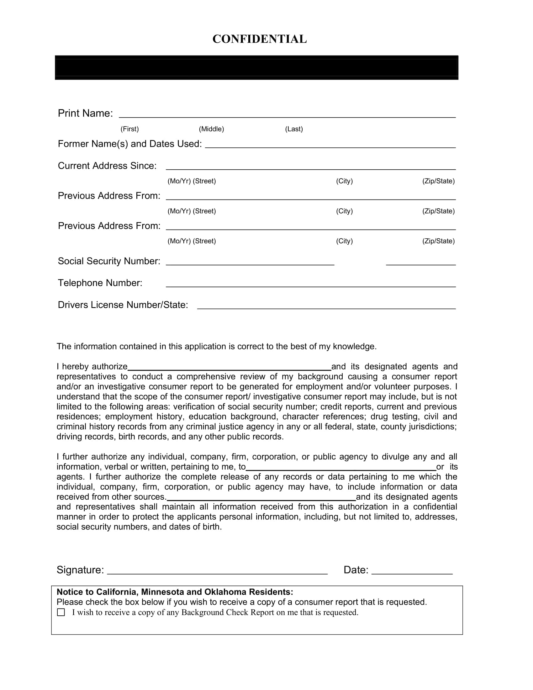 Background Check Authorization Form Free Printable Background Check Authorization Form Free Printable