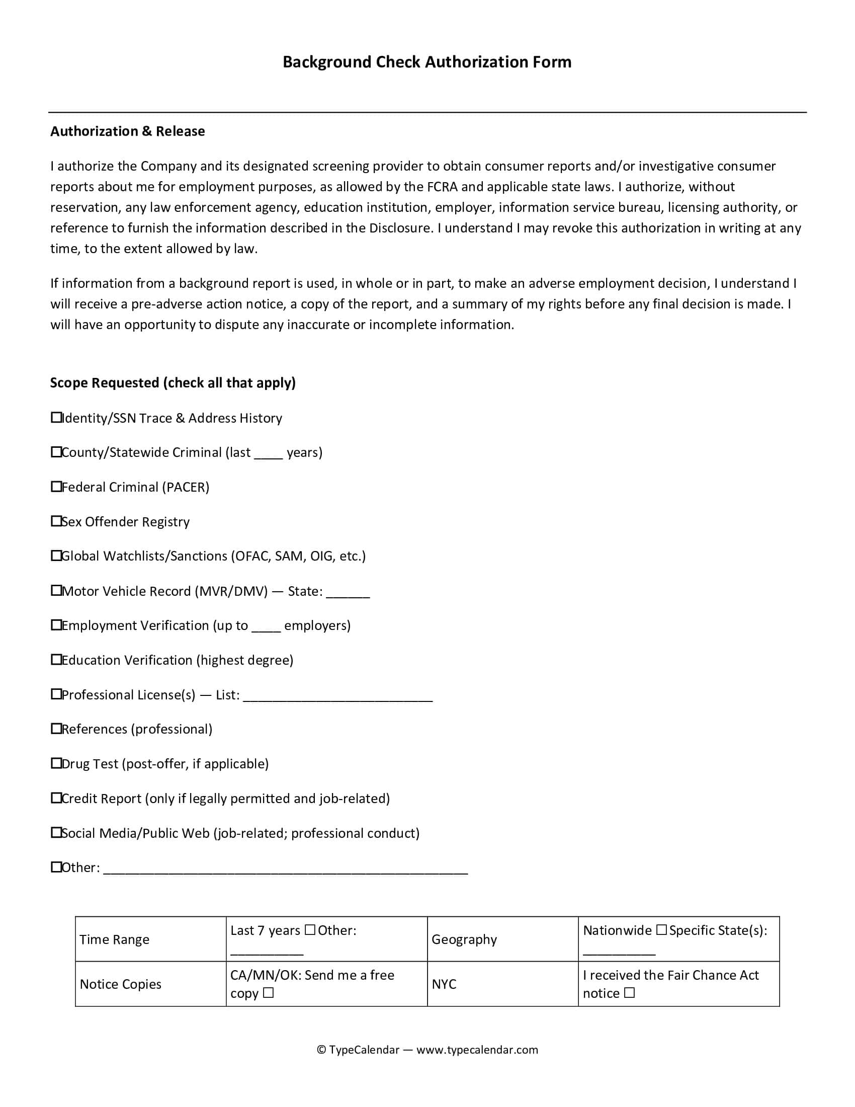 Background Check Authorization Form Printable Doc Background Check Authorization Form Printable Doc