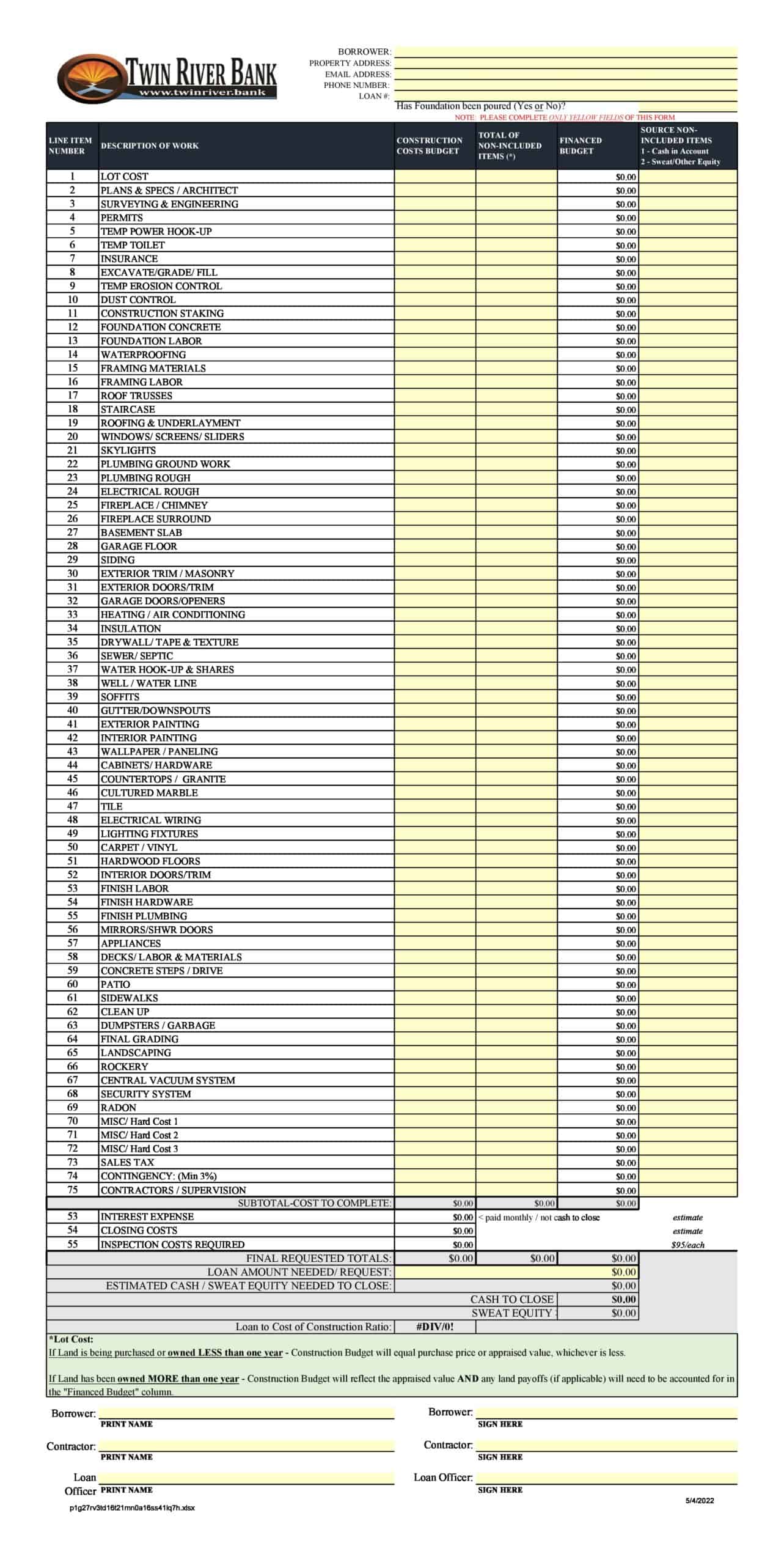 Construction Budget Fillable Construction Budget Fillable