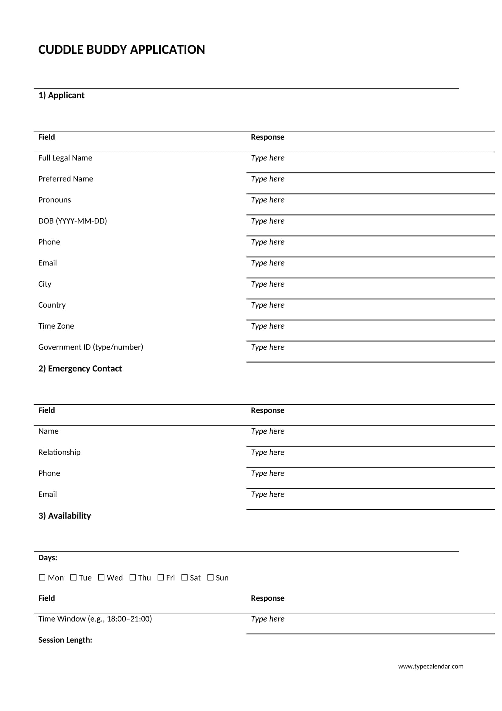 Cuddle Buddy Application Form Editable Cuddle Buddy Application Form Editable