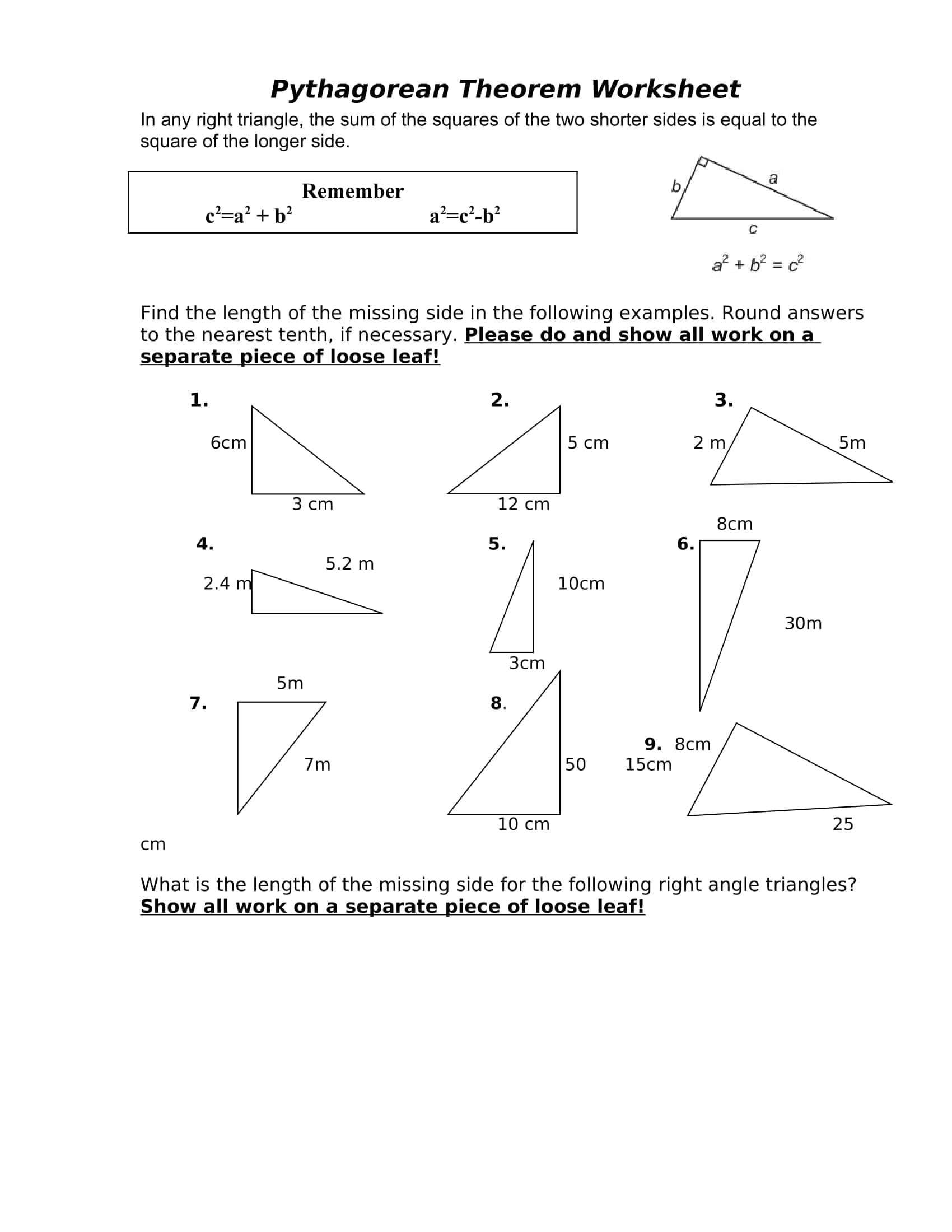 Download Pythagorean Theorem Worksheet Download Pythagorean Theorem Worksheet