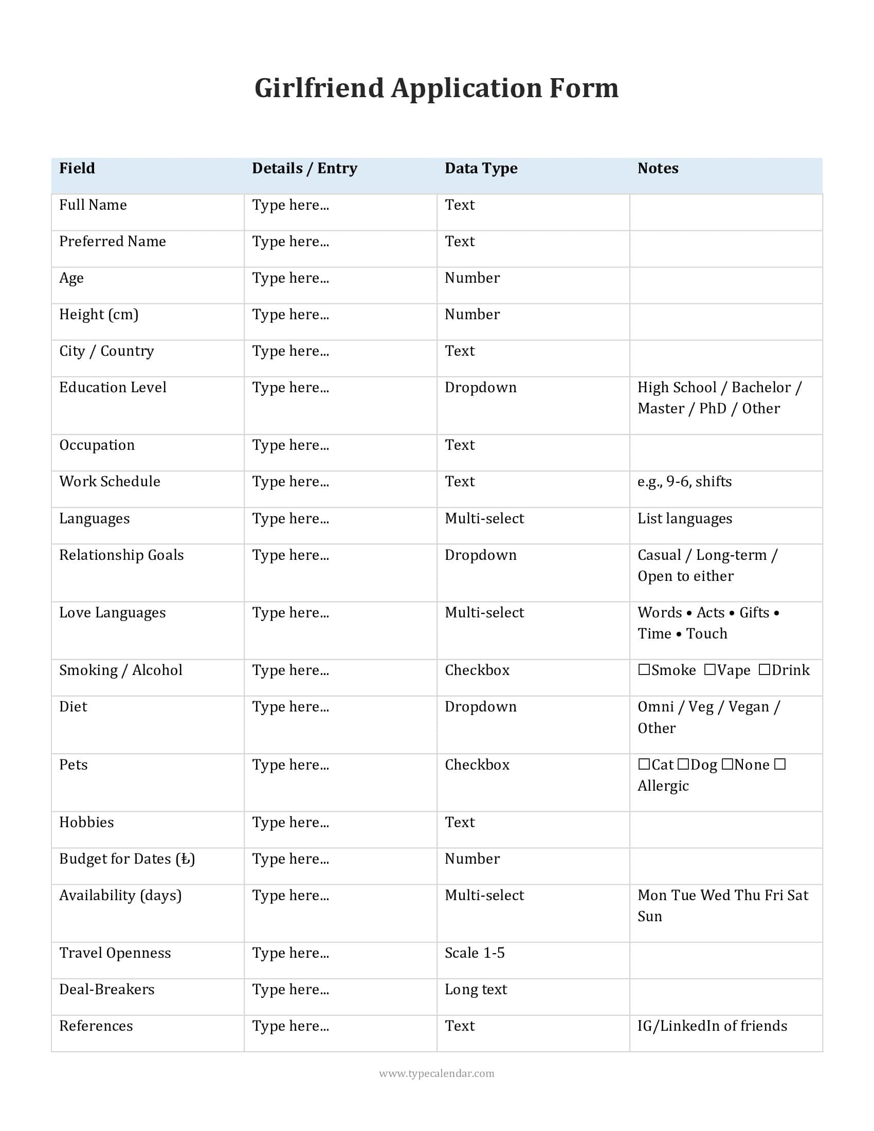 Example Girlfriend Application Form Example Girlfriend Application Form