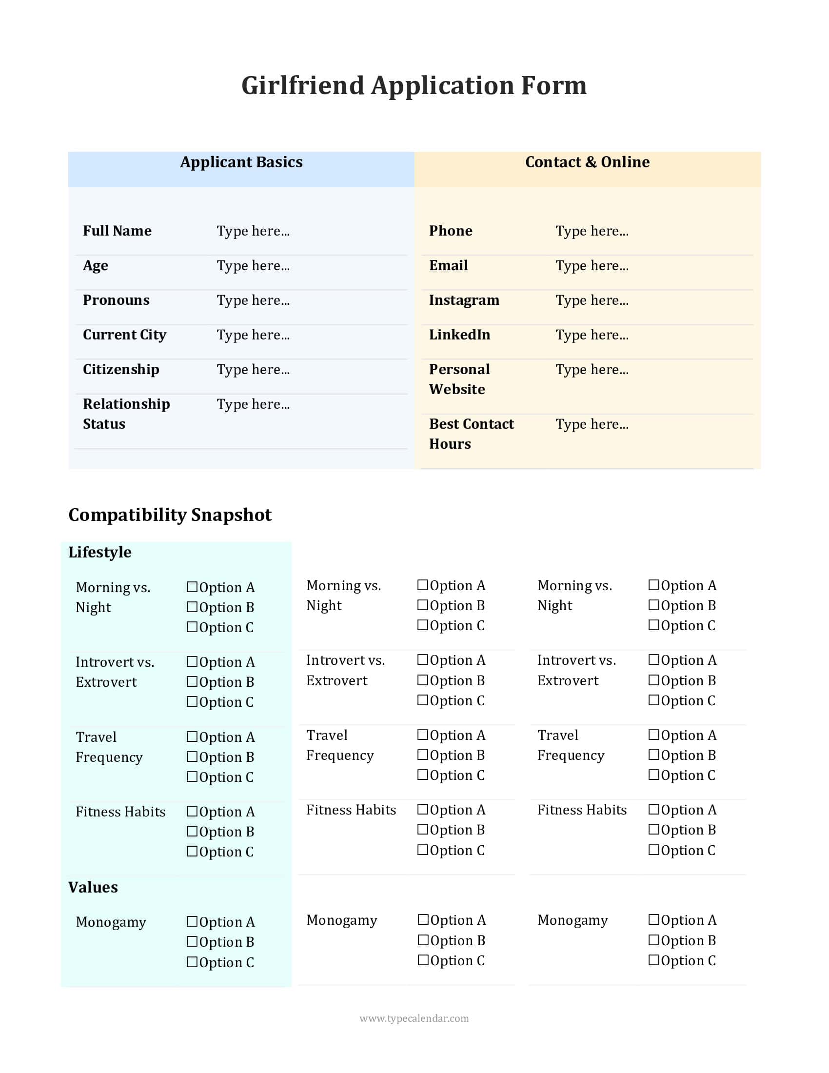 Fillable Girlfriend Application Form Fillable Girlfriend Application Form