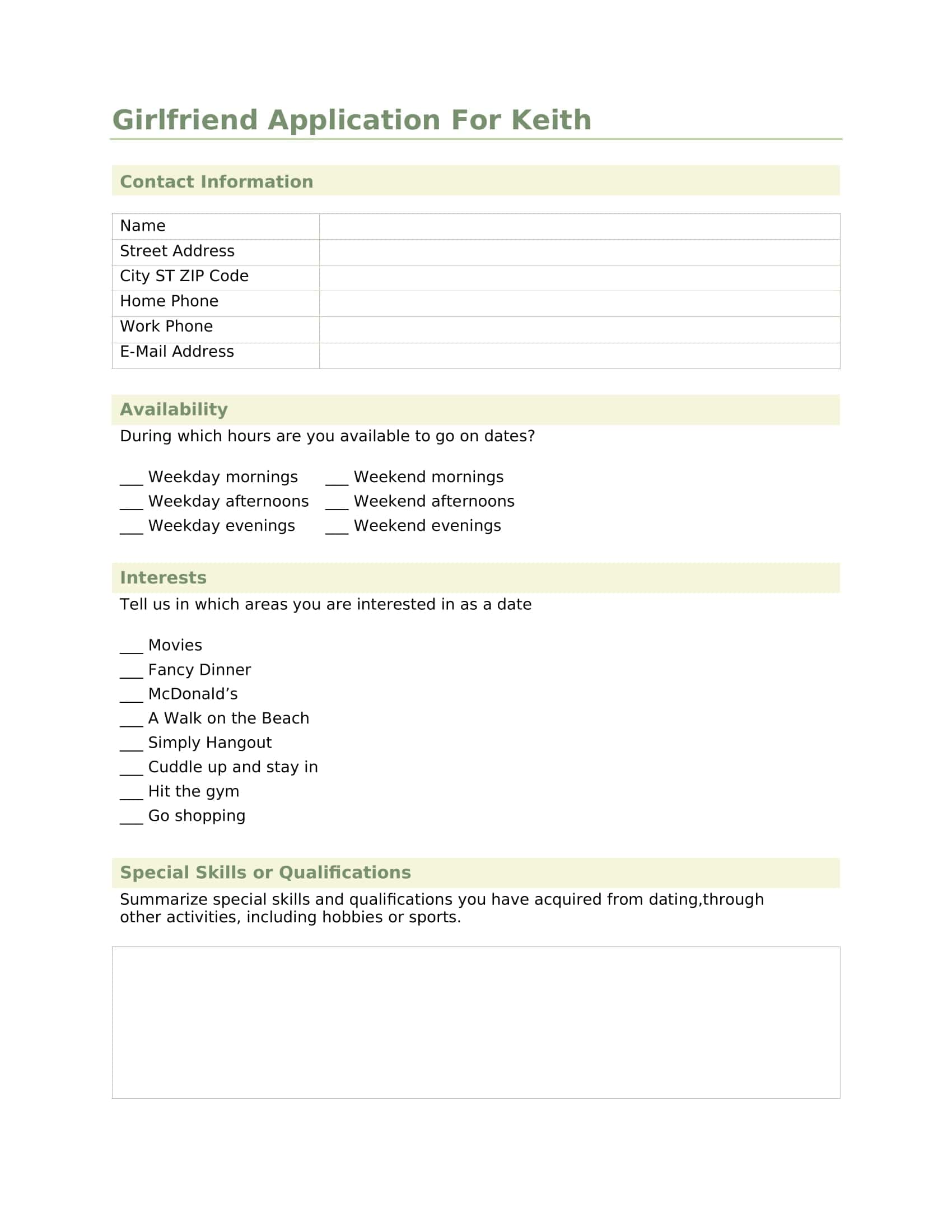 Girlfriend Application Form Editable Girlfriend Application Form Editable