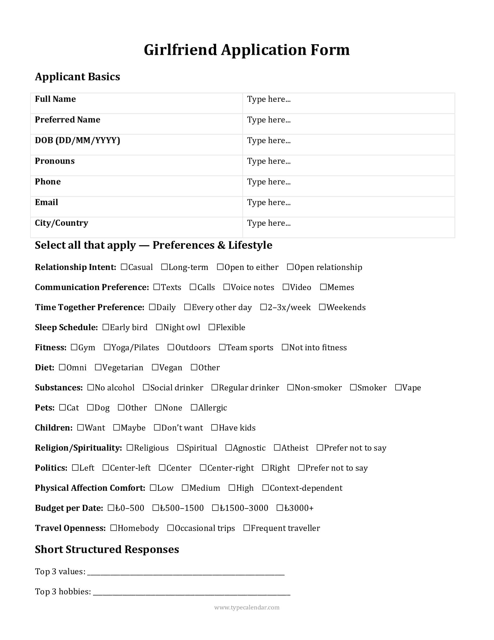 Girlfriend Application Form Example Girlfriend Application Form Example