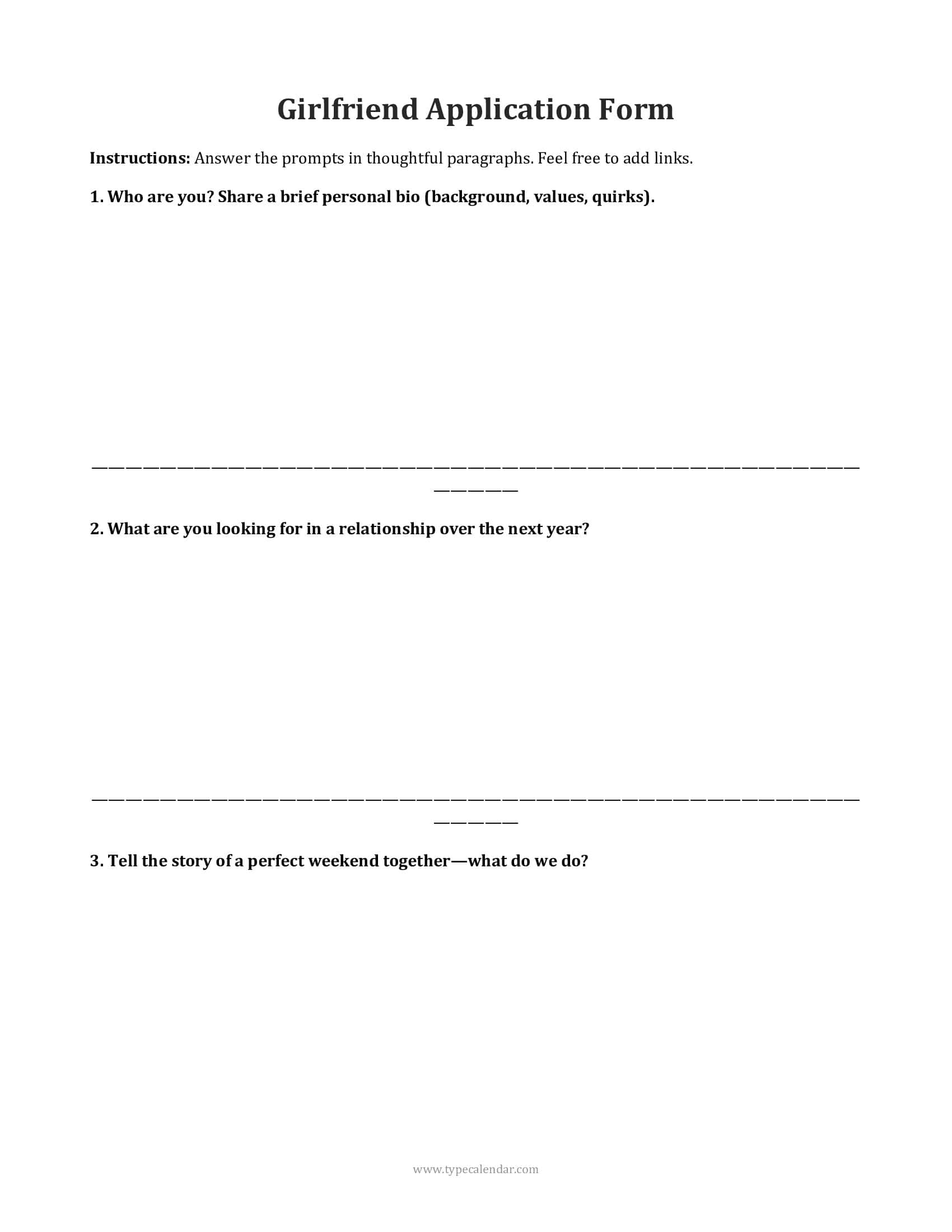 Girlfriend Application Form Fillable Girlfriend Application Form Fillable