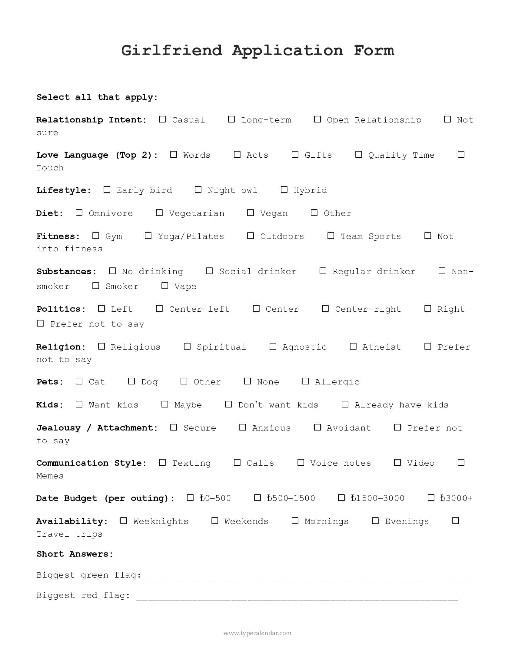 Girlfriend Application Form Free Girlfriend Application Form Free