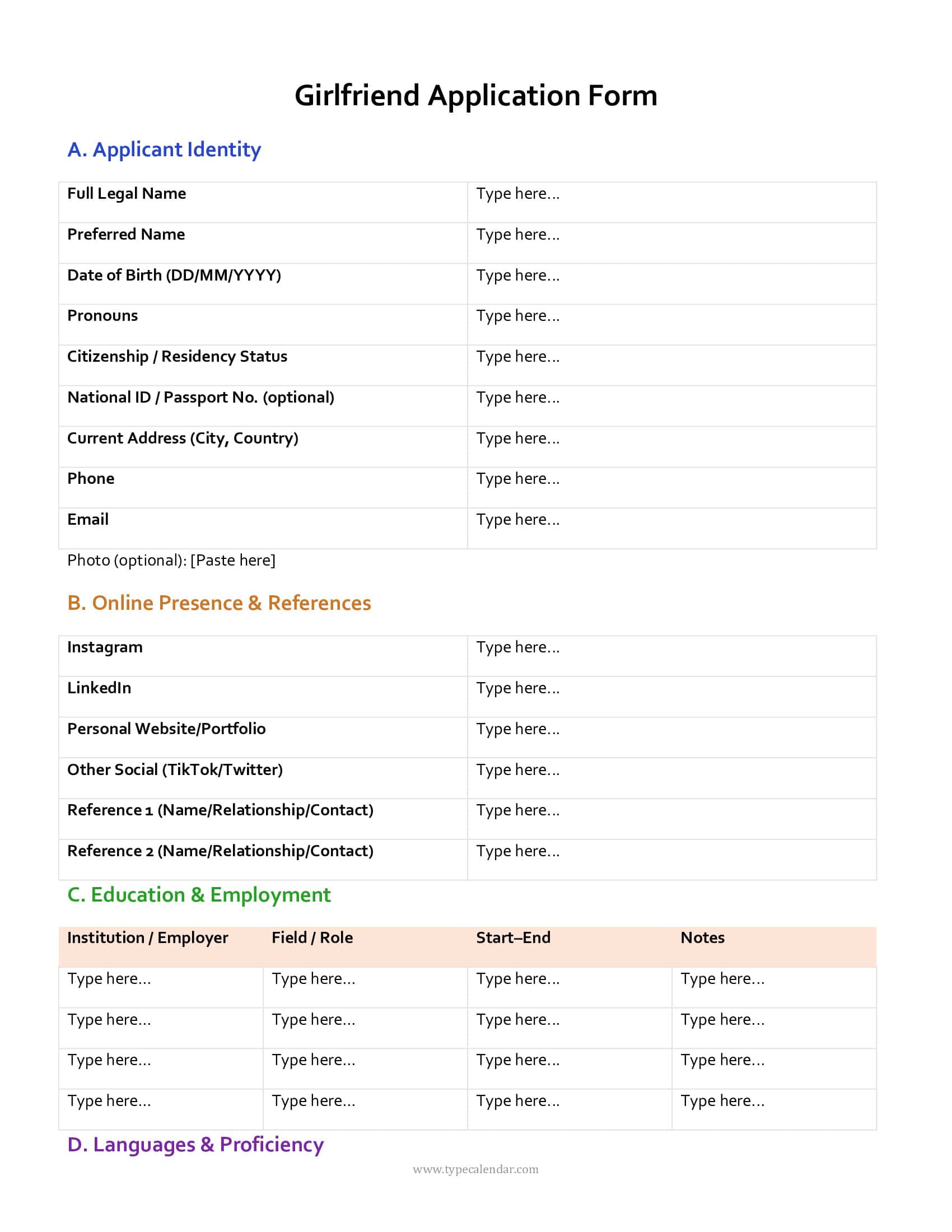 Girlfriend Application Form Sample Girlfriend Application Form Sample