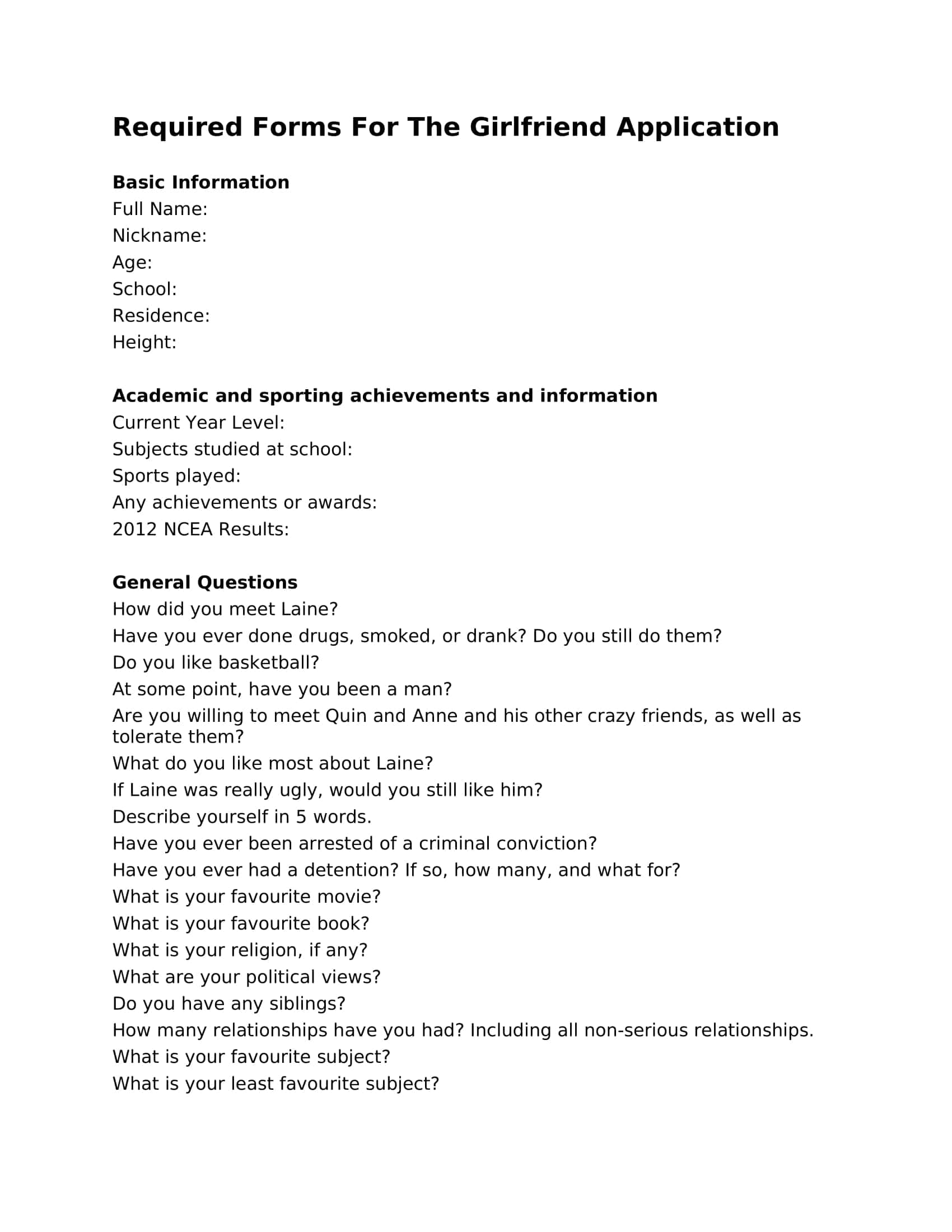 Girlfriend Application Form Template Doc Girlfriend Application Form Template Doc