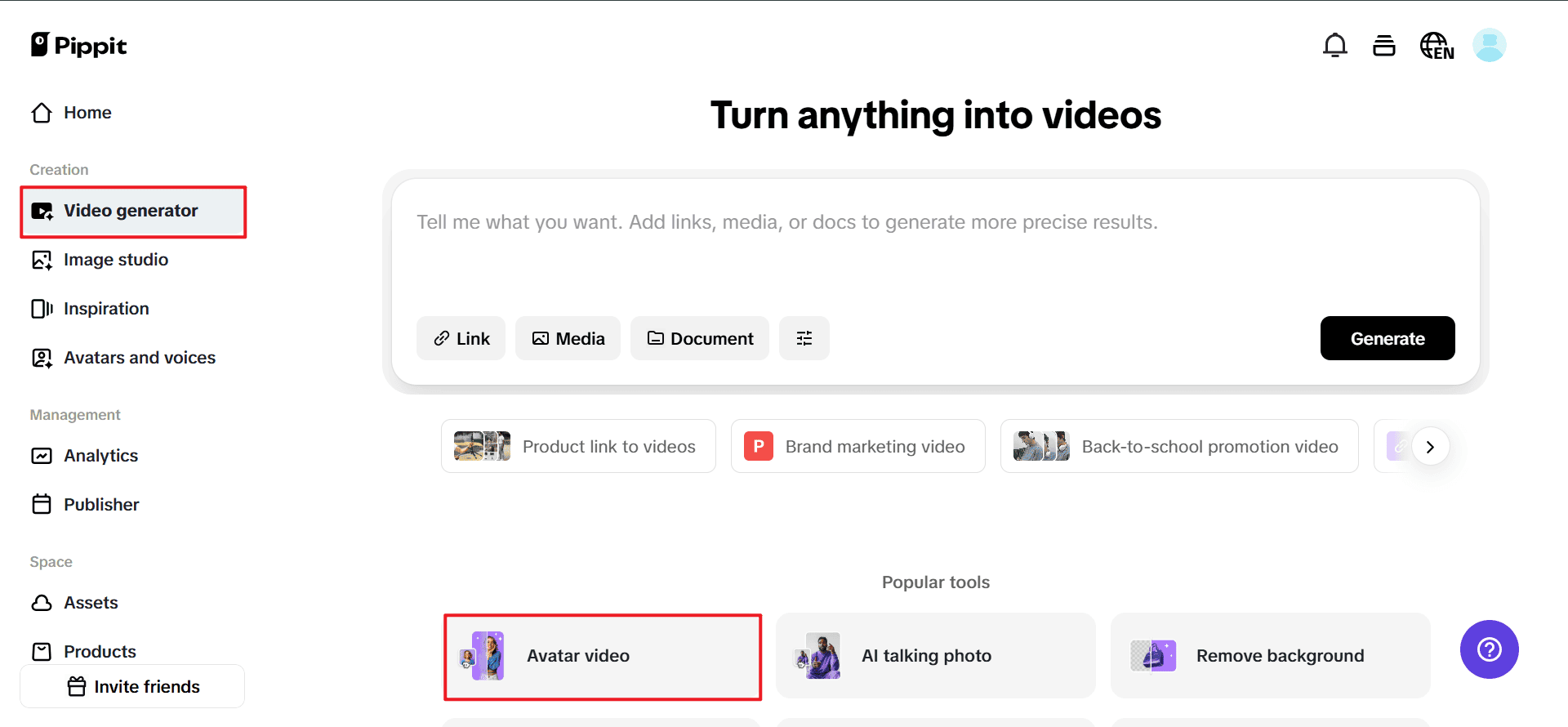 Go to the video generator and choose avatars