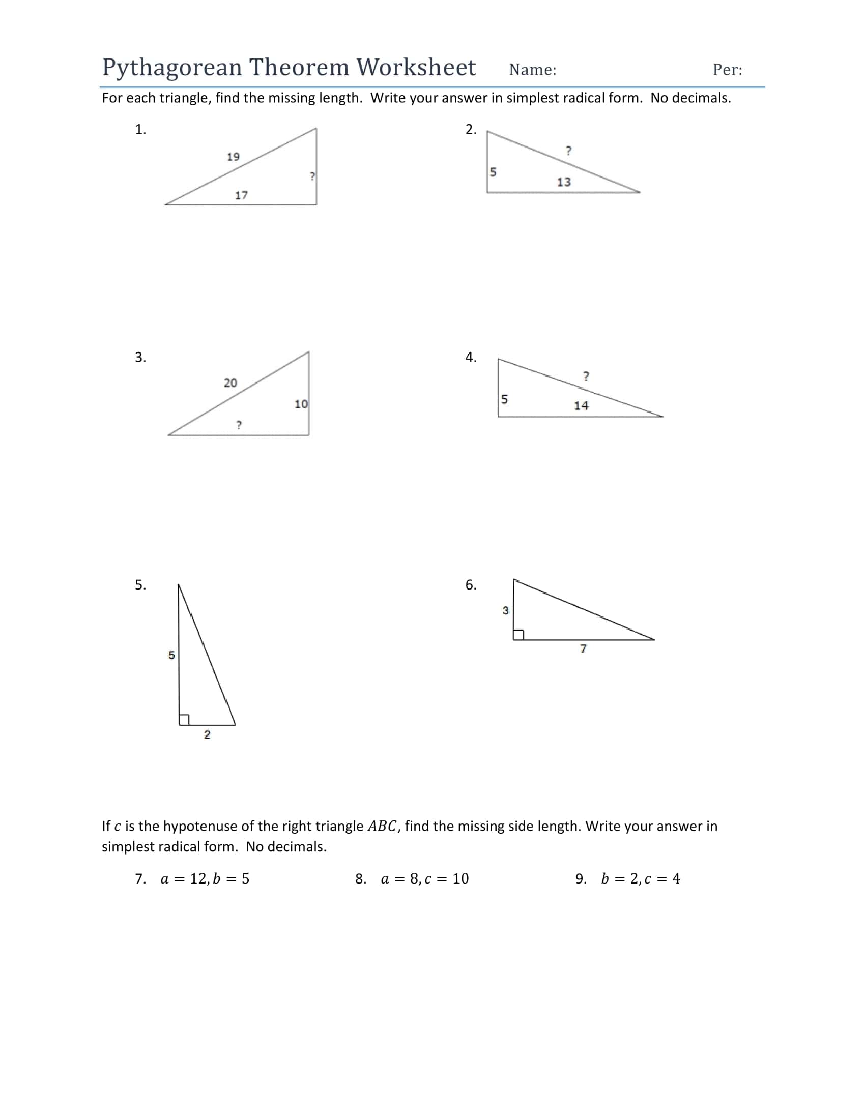 Pythagorean Theorem Worksheets Word Pythagorean Theorem Worksheets Word