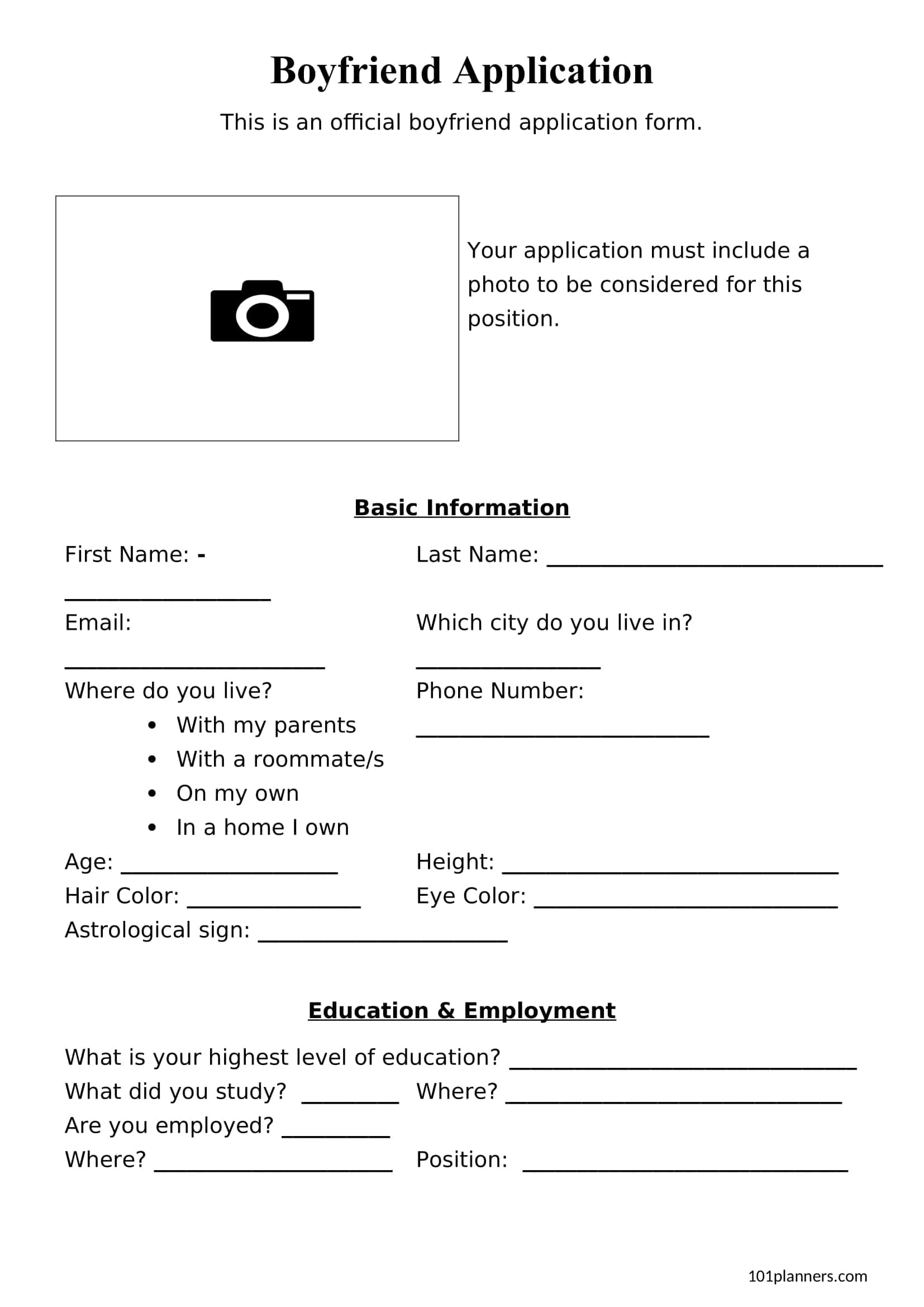 Sample Boyfriend Application Form Sample Boyfriend Application Form