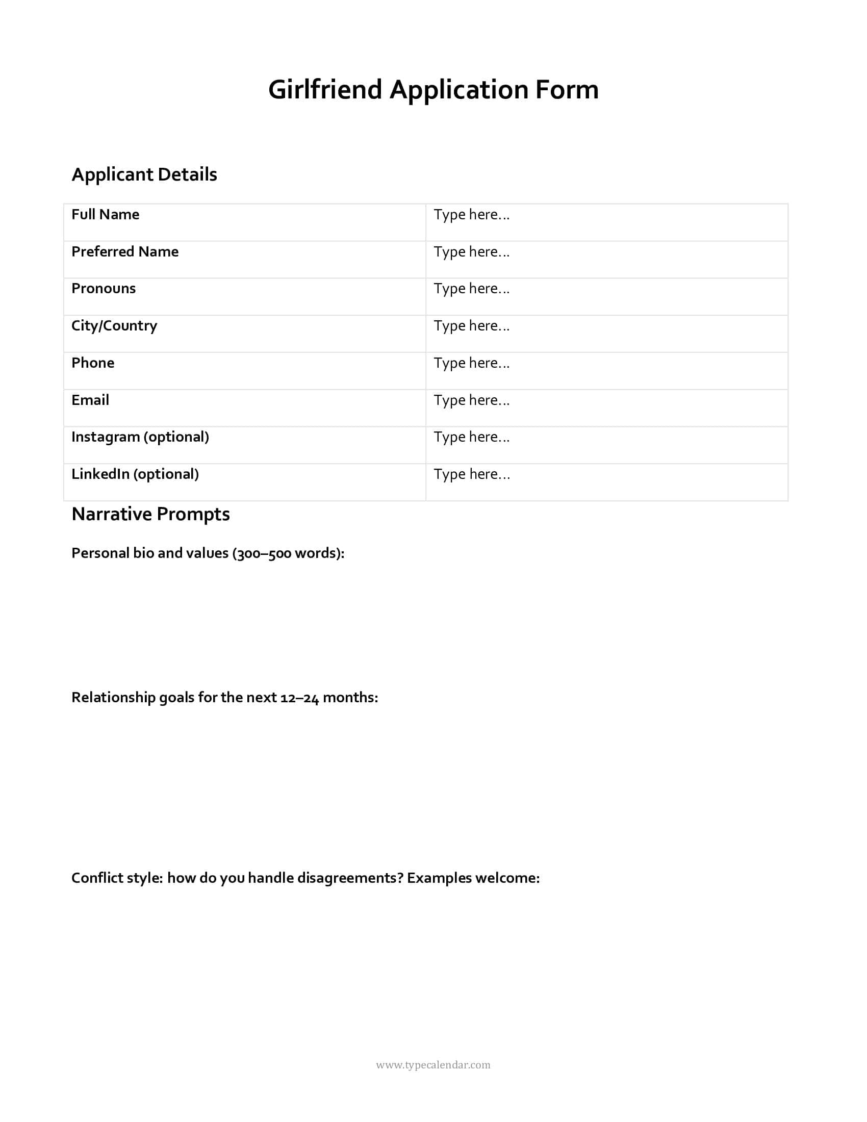 Sample Girlfriend Application Form Sample Girlfriend Application Form