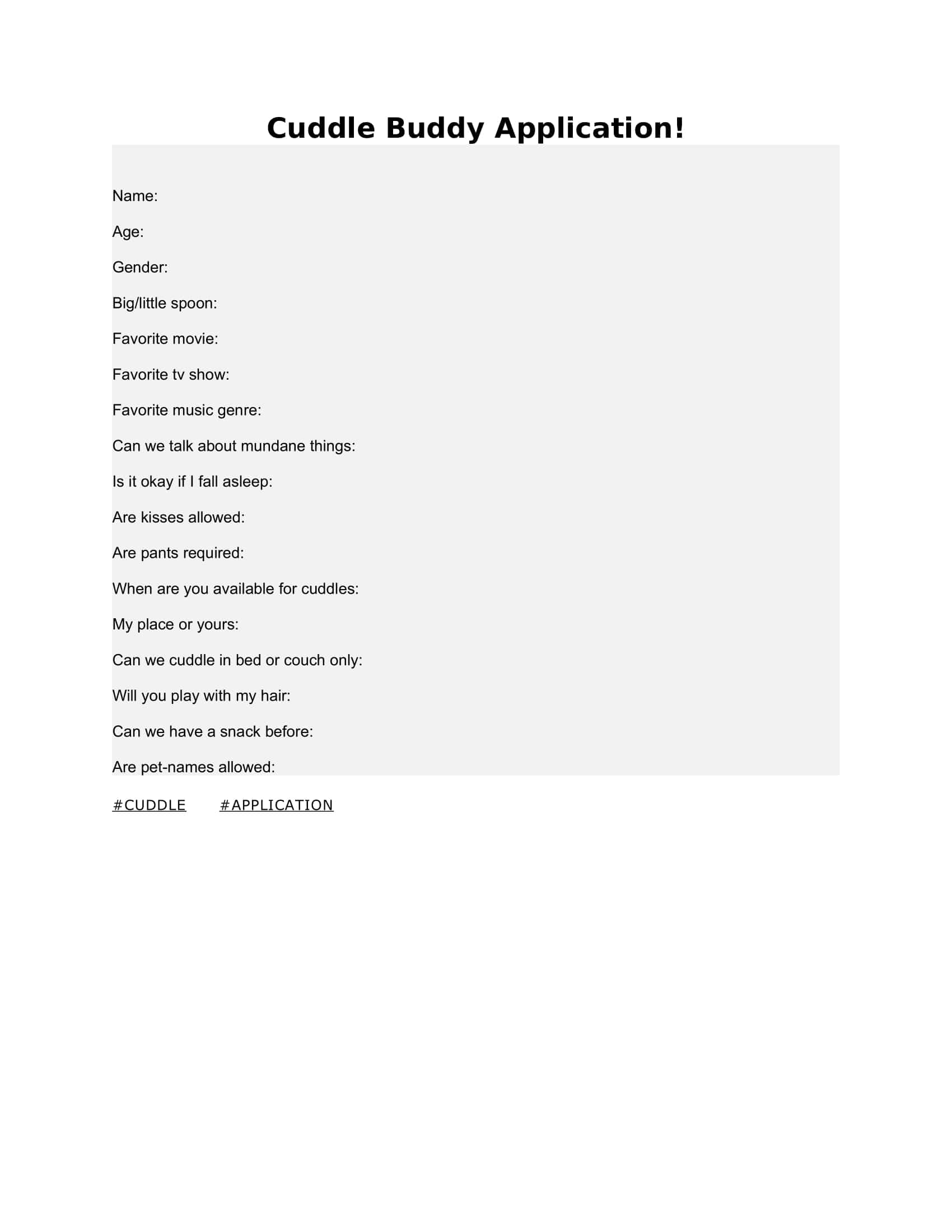Simple Cuddle Buddy Application Form Simple Cuddle Buddy Application Form