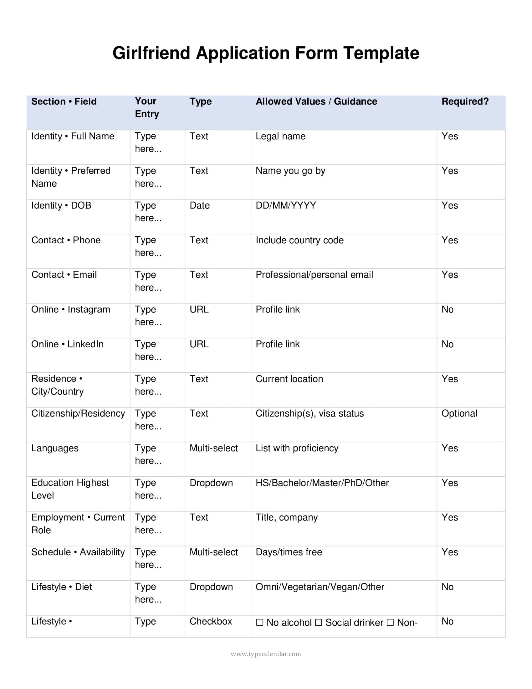 Template Girlfriend Application Form Template Girlfriend Application Form