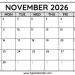 November 2026 Calendars 2 November 2026 Calendar