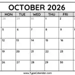 October 2026 Calendars 4 October 2026 Calendar