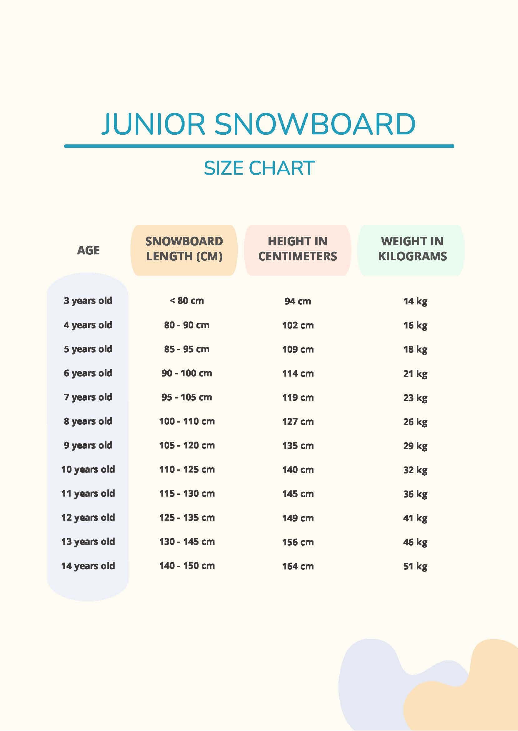 Printable Word Snowboard Size Chart Printable Word Snowboard Size Chart