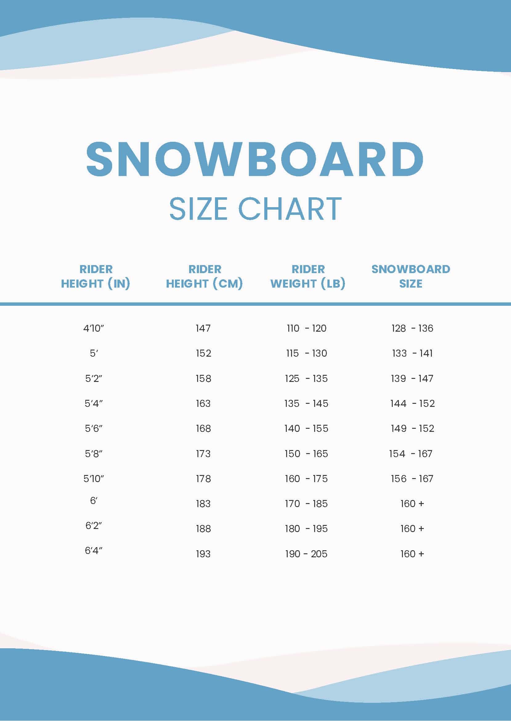 Snowboard Size Chart Download Word Snowboard Size Chart Download Word