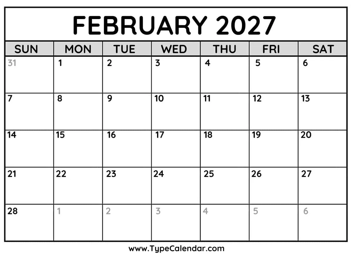 February 2027 Calendars 11 February 2027 Calendar