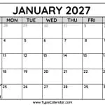 January 2027 Calendars 1 January 2027 Calendar